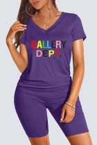 Purple Casual Print Letter V Neck Short Sleeve Two Pieces