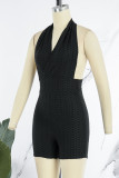 Black Sexy Solid Patchwork Backless Halter Skinny Rompers