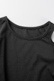 Black Casual Solid Hollowed Out Patchwork Draw String O Neck T-Shirts