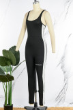 Black Casual Sportswear Letter Patchwork Print Backless U Neck Skinny Jumpsuits