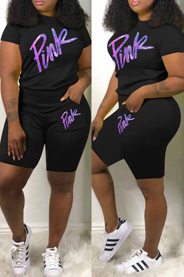 Black Casual Print Letter O Neck Short Sleeve Two Pieces