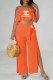 Orange Sexy Print Slit Letter Spaghetti Strap Sleeveless Two Pieces