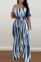 Blue Casual Print Patchwork Off the Shoulder Straight Jumpsuits