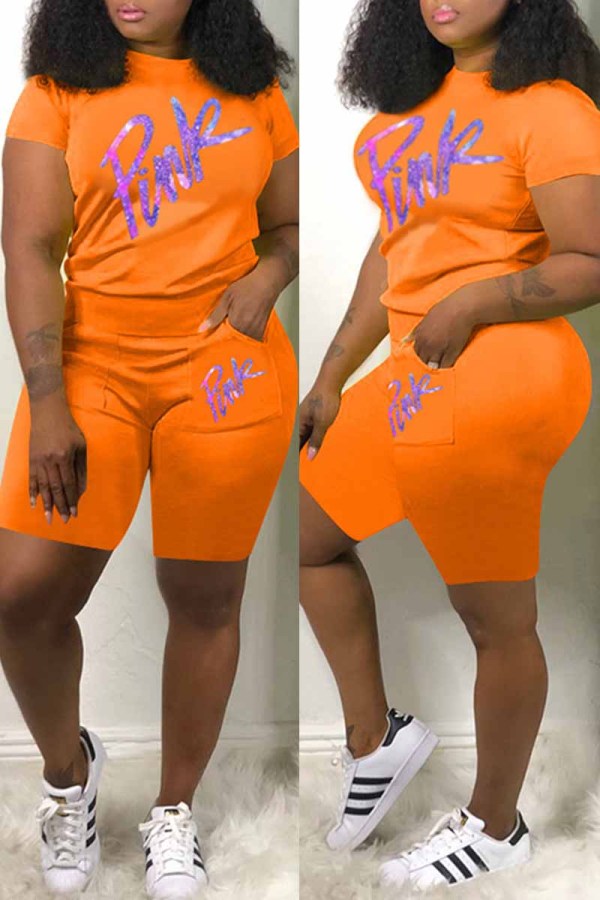 Orange Casual Print Letter O Neck Short Sleeve Two Pieces