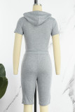 Grey Casual Solid Patchwork Hooded Collar Short Sleeve Two Pieces