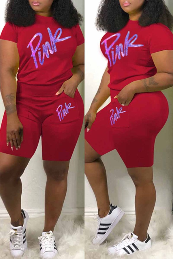 Red Casual Print Letter O Neck Short Sleeve Two Pieces