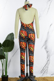 Colour Sexy Print Hollowed Out Backless Strapless Skinny Jumpsuits