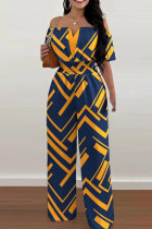 Yellow Blue Casual Print Patchwork Off the Shoulder Straight Jumpsuits