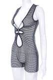 Black Sexy Solid Hollowed Out Patchwork V Neck Skinny Rompers