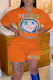 Orange Casual Street Print Patchwork V Neck Short Sleeve Two Pieces