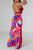 Red Sexy Print Patchwork Spaghetti Strap Straight Jumpsuits
