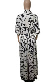 Black Sexy Print Bandage Patchwork Fold V Neck Long Sleeve Two Pieces