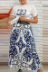Blue White Casual Print Letter O Neck Short Sleeve Two Pieces