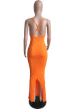 Orange Sexy Print Backless Slit Spaghetti Strap One Step Skirt Dresses
