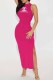 Rose Red Street Print Slit Letter O Neck One Step Skirt Dresses
