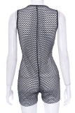 Black Sexy Solid Hollowed Out Patchwork V Neck Skinny Rompers