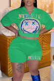 Orange Casual Street Print Patchwork V Neck Short Sleeve Two Pieces