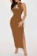 Brown Street Print Slit Letter O Neck One Step Skirt Dresses