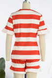 Coffee Casual Striped Print Patchwork O Neck Short Sleeve Two Pieces