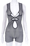 Black Sexy Solid Hollowed Out Patchwork V Neck Skinny Rompers