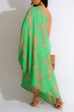 Green Casual Print Patchwork Asymmetrical Oblique Collar Straight Dresses