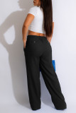 Blue Casual Solid Patchwork High Waist Straight Solid Color Bottoms