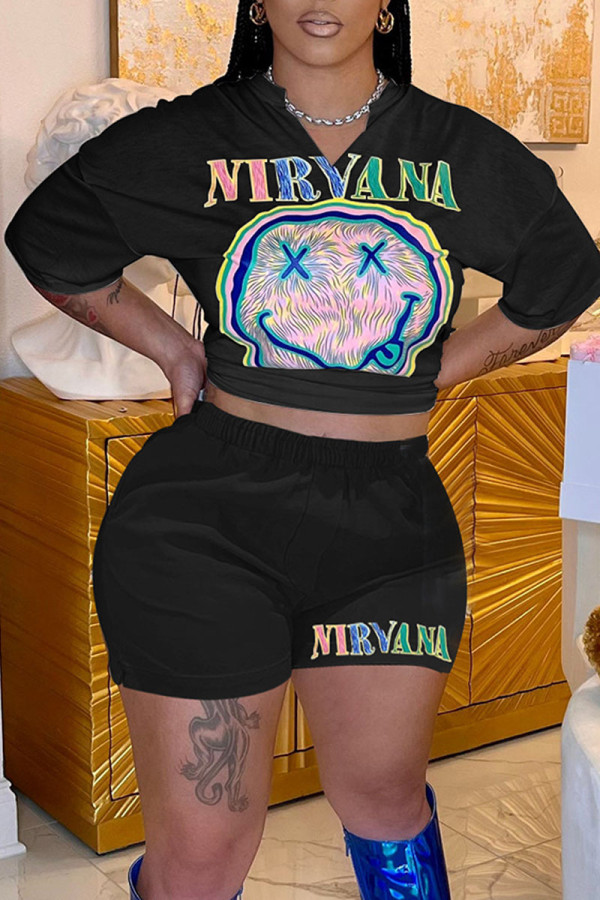Black Casual Street Print Patchwork V Neck Short Sleeve Two Pieces