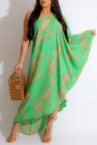 Green Casual Print Patchwork Asymmetrical Oblique Collar Straight Dresses