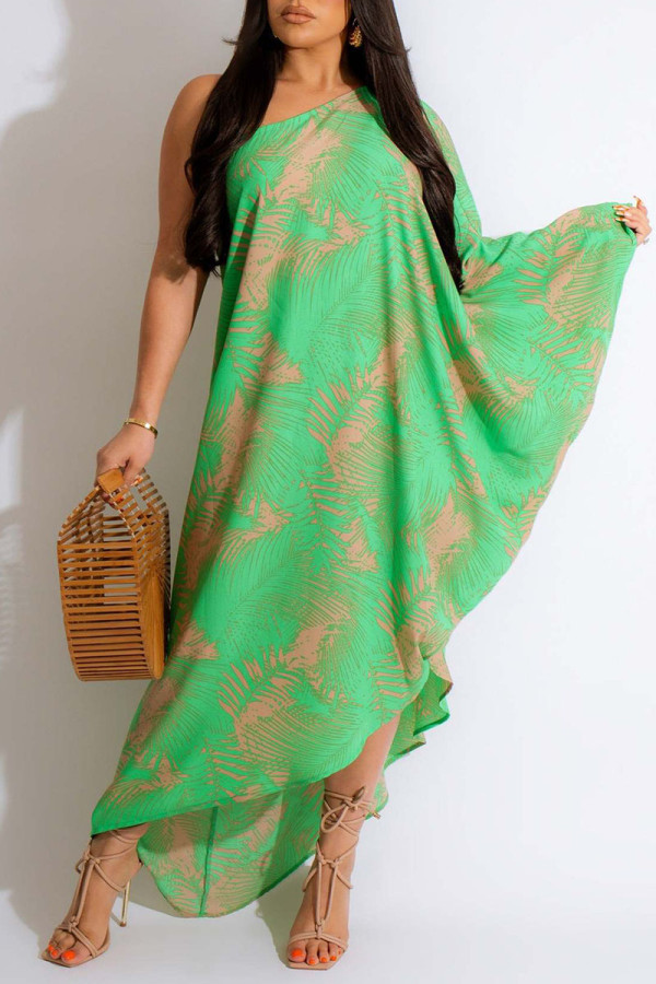 Green Casual Print Patchwork Asymmetrical Oblique Collar Straight Dresses