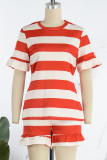 Red Casual Striped Print Patchwork O Neck Short Sleeve Two Pieces
