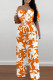 Orange Apricot Casual Print Patchwork Off the Shoulder Straight Jumpsuits
