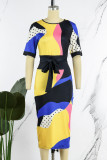 Yellow Casual Print Bandage Patchwork O Neck One Step Skirt Dresses