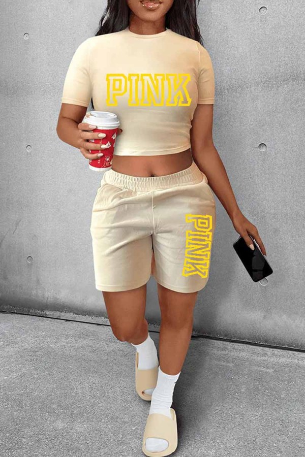 Khaki Casual Print Letter O Neck Short Sleeve Two Pieces