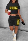 Red Casual Print Letter O Neck Short Sleeve Two Pieces