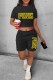 Black Casual Print Letter O Neck Short Sleeve Two Pieces