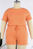 Orange Casual Solid Patchwork O Neck Plus Size Jumpsuits