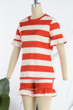 Red Casual Striped Print Patchwork O Neck Short Sleeve Two Pieces