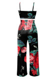 Black Red Sexy Print Patchwork Spaghetti Strap Sleeveless Two Pieces