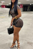 Black Sexy Solid Hollowed Out Patchwork V Neck Skinny Rompers