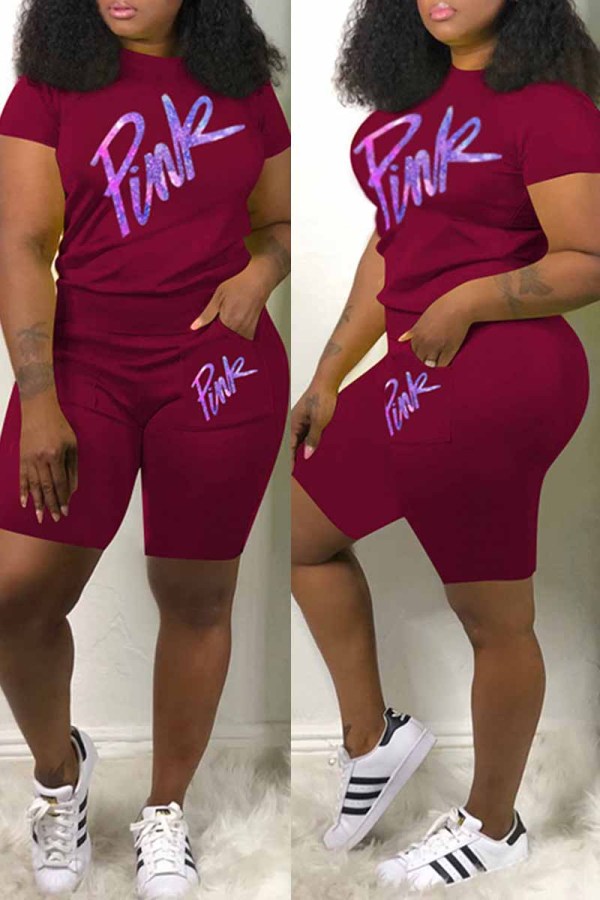Burgundy Casual Print Letter O Neck Short Sleeve Two Pieces