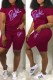 Burgundy Casual Print Letter O Neck Short Sleeve Two Pieces