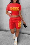 Red Casual Print Letter O Neck Short Sleeve Two Pieces