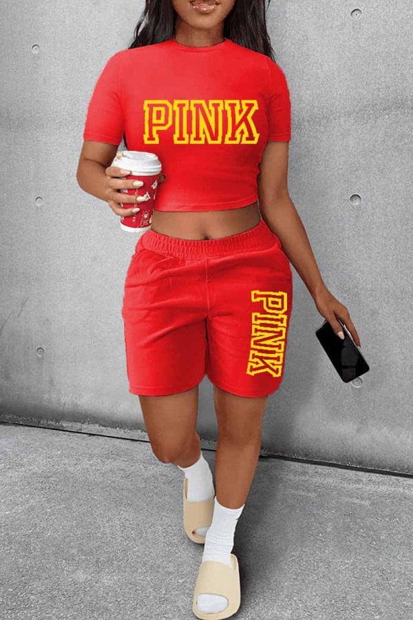 Red Casual Print Letter O Neck Short Sleeve Two Pieces