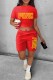 Red Casual Print Letter O Neck Short Sleeve Two Pieces