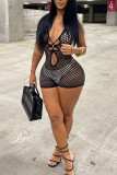 Black Sexy Solid Hollowed Out Patchwork V Neck Skinny Rompers