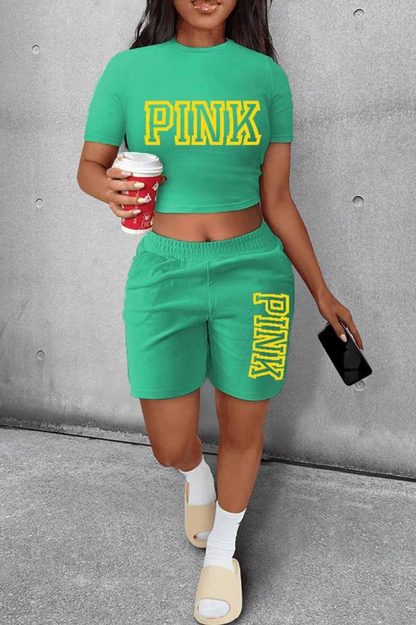 Green Casual Print Letter O Neck Short Sleeve Two Pieces
