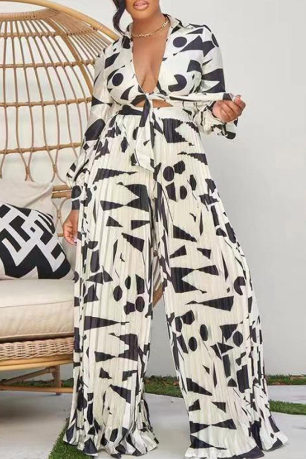 Black Sexy Print Bandage Patchwork Fold V Neck Long Sleeve Two Pieces