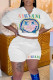 White Casual Street Print Patchwork V Neck Short Sleeve Two Pieces