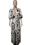 Black Sexy Print Bandage Patchwork Fold V Neck Long Sleeve Two Pieces