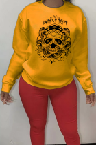 Yellow Casual Street Print Skull Patchwork O Neck Tops